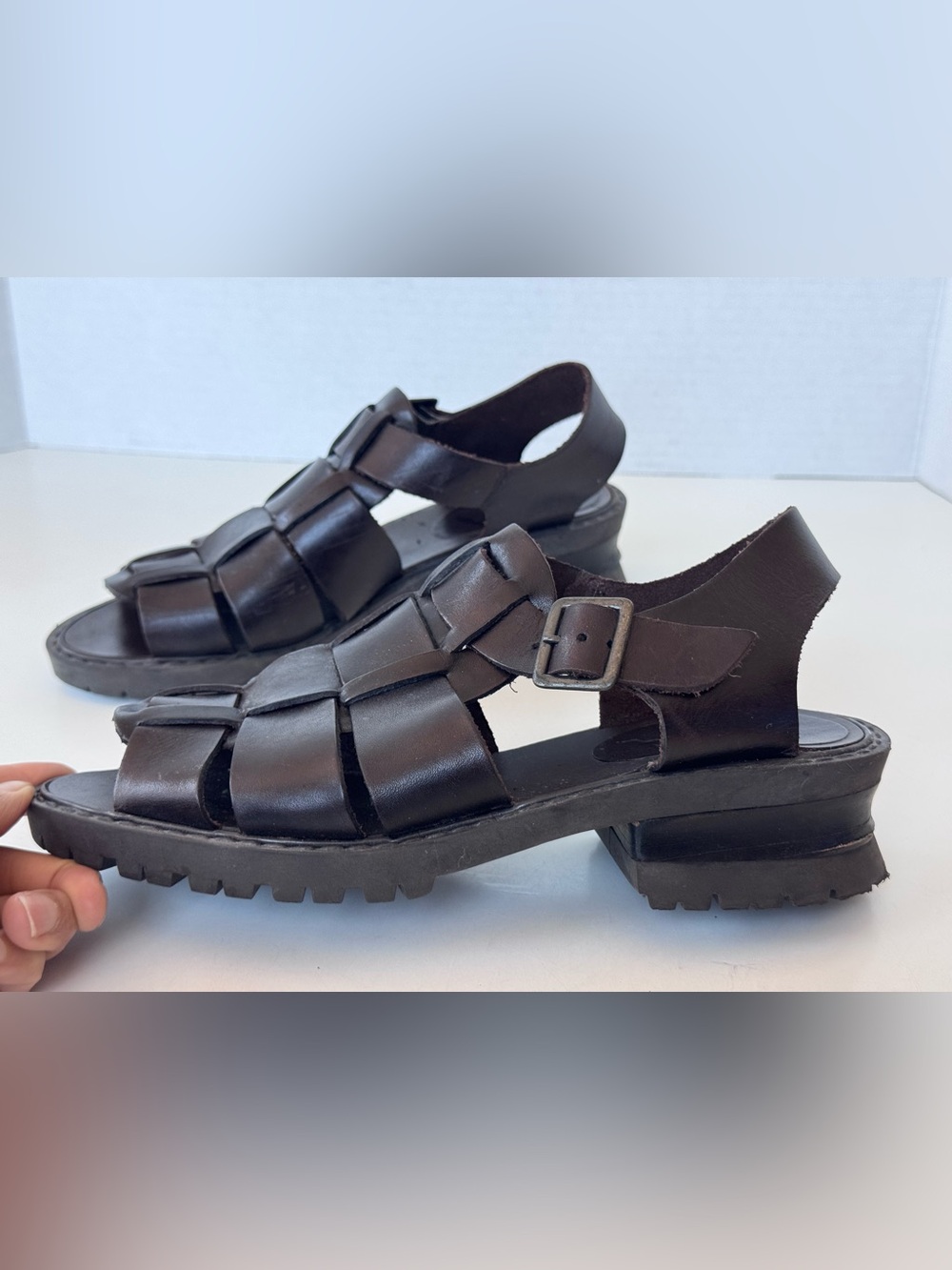Vintage 90s MIA Y2K Brown Leather Fisherman Sandals Strappy Chunky Platform Shoe - Picture 6 of 10